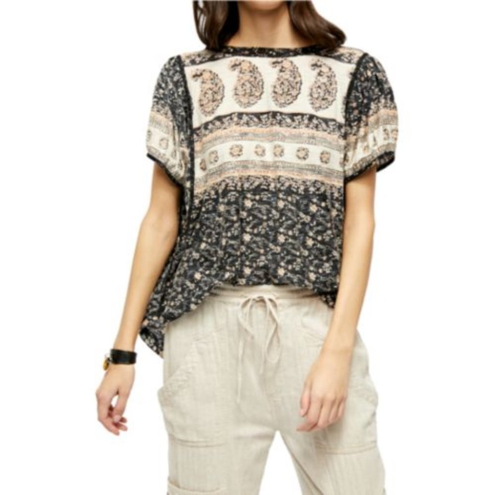 Free People Paisley Puff-Sleeve T-Shirt Medium - Picture 1 of 2